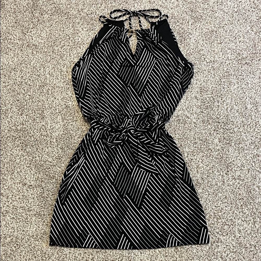 White House Black Market Black & White Striped Halter Tie-Waist Mini Dress